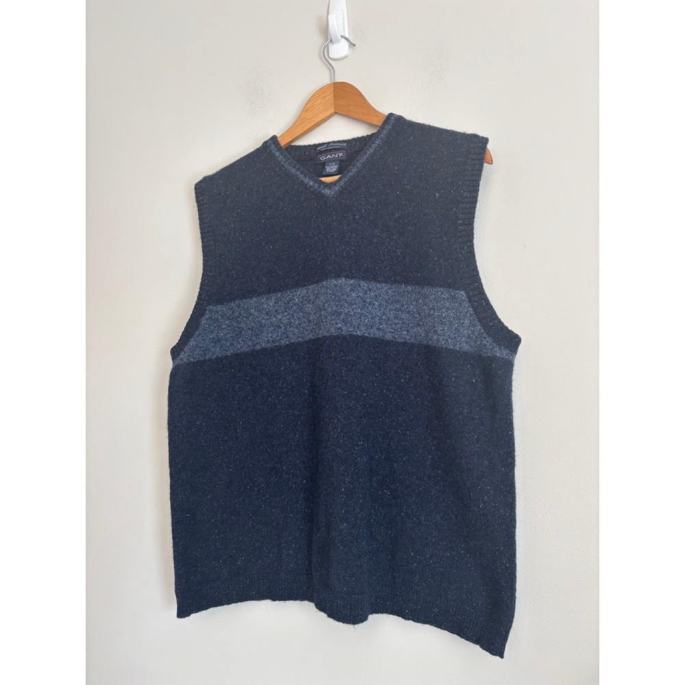 GANT Mens Large Lambswool V-Neck Sweater Vest Navy Gray - Picture 3 of 8